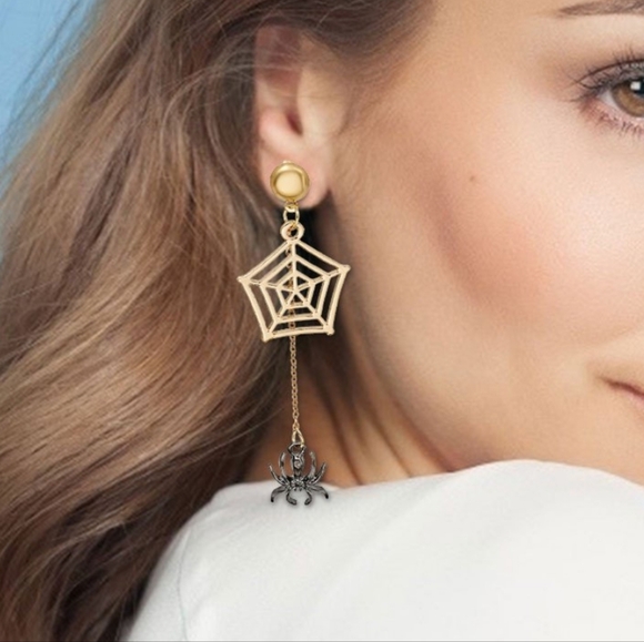 Spiderweb Spider Dangle Earrings Gothic Halloween Witch 3" - Picture 8 of 8